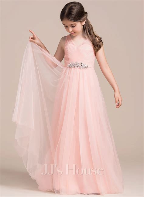 A Line Floor Length Flower Girl Dress Tulle Sleeveless V Neck With