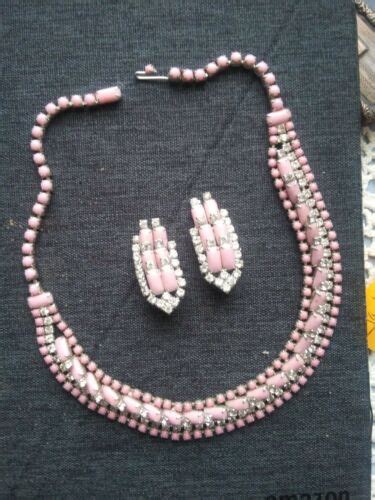 Vintage Kramer Of Ny Pink Milk Glass And Rhinestone Necklace And Clip