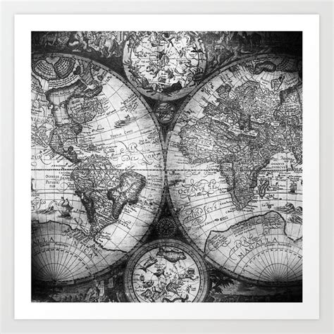 World Map Antique Vintage Black And White Art Print By