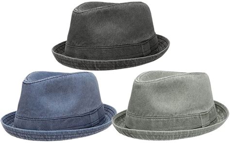 Mens Distressed Washed Cotton Fedora Hat W Pattern Lining Clothing