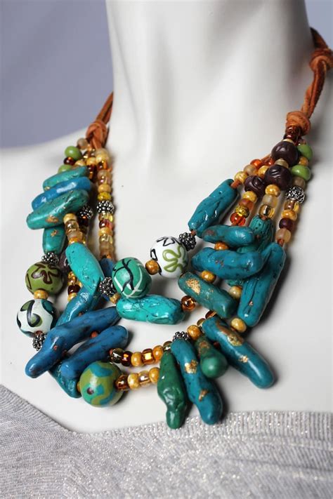 Chunky Turquoise Statement Necklace Coral And Teal Printed Etsy