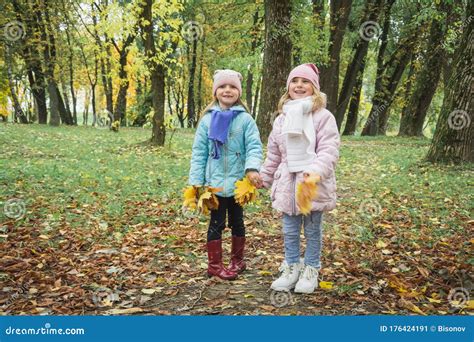 Two Little Girls Of Five Years Old Play In The Autumn Park Stock Image