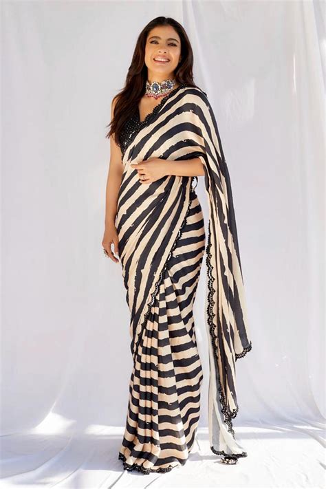 Buy Punit Balana Black Satin Silk Striped Saree With Blouse Online