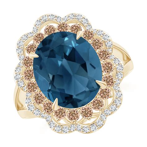 London Blue Topaz Cocktail Ring With Diamond Floral Halo