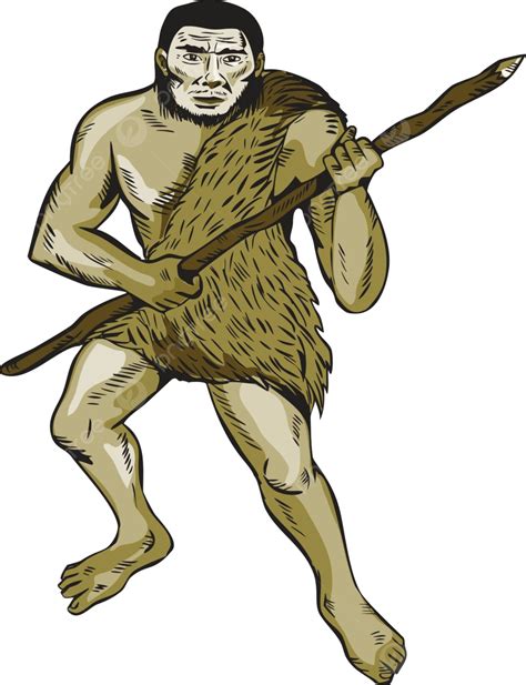 Hình ảnh Người đàn ông Neanderthal Cầm Giáo Khắc Giữ Bản Vẽ Paleo Vectơ
