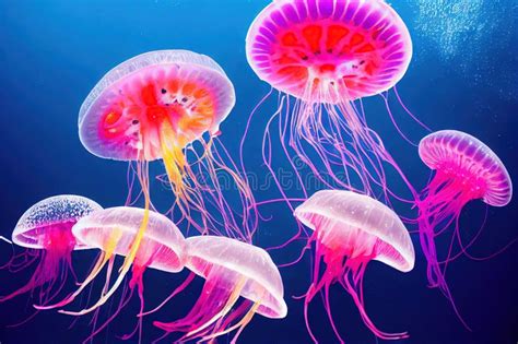 Glowing Poison Jellyfish Floating In Underwater Ocean Or Sea Exotic