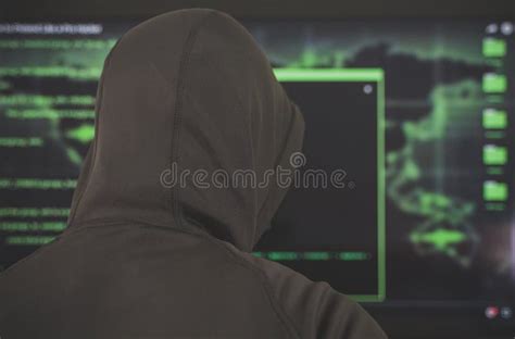 Hacker In Black Hoodie Stock Photo Image Of Cyberspace 159548826