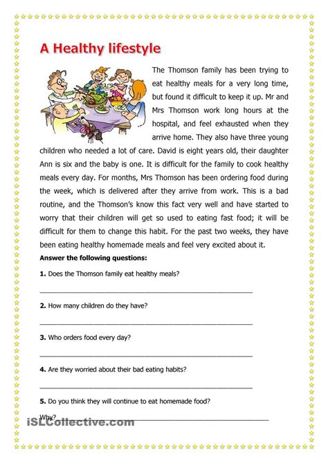 A Healthy Lifestyle Reading Comprehension Worksheets Reading