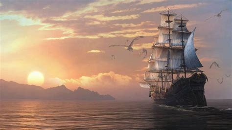 Beautiful Pirate Ship At Sunset Ship Paintings High Resolution