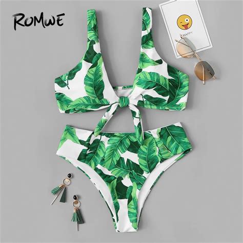 Romwe Sport Green Tropical Print Knot Front Beach Bikini Set 2019 Women Summer Swimming Sexy