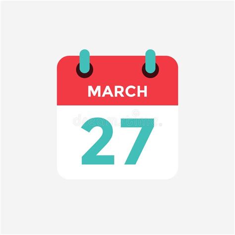 Flat Icon Calendar 27 Of March Date Day And Month Stock Vector