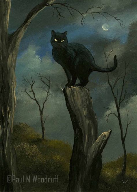 Aceo Print Black Cat Halloween Night Moon Spooky Art