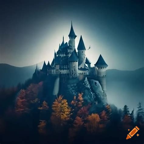 Castle On A Mountain In A Foggy Forest At Night On Craiyon