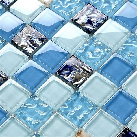 Square Deep And Light Blue Color Glass Mosaic Mixed Sea Shell Mosaic Tiles For Kitchen