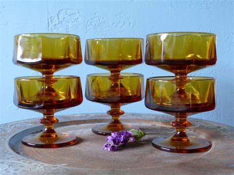 6 Vintage Amber Glass Pedestal Dessert Dishes Sherbet Bowls With Wafer Stem Retro Mid Century