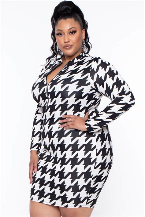 Best Hot Sale Libian Plus Size Houndstooth Print Bodycon Dress Black White Curvy Sense