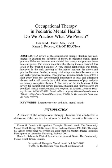 Pdf Occupational Therapy In Pediatric Mental Health