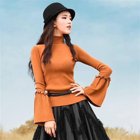 free shipping boshow 2019 new fashion long flare sleeve autumn all match solid color turtleneck