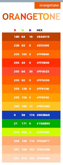 Orange Tones In Hex And Rgb Color Schemes Color Coding Web Colors