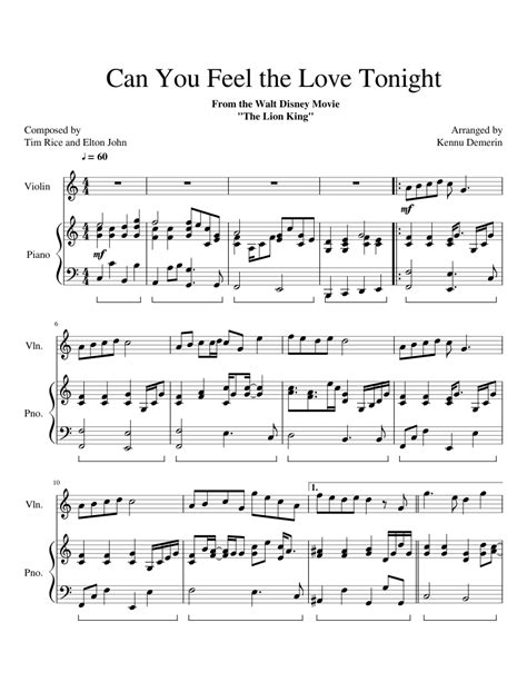 Can You Feel The Love Tonight C To D Major Piano And Violin Sheet Music For Piano Violin
