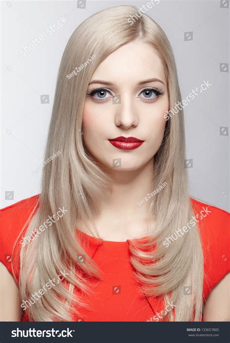 Portrait Young Beautiful Blonde Woman Red Stock Photo 133657805