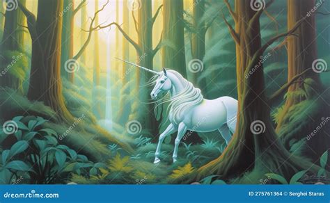 A Painting Of A Unicorn In A Forest Ai Generative Image Stock