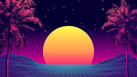 premium vector retro 80s style tropical sunset with palm tree silhouette and gradient sky