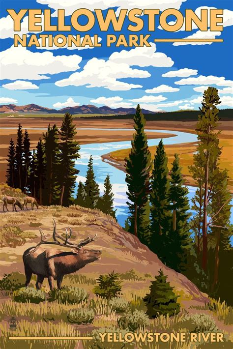 Print Yellowstone National Park Wyoming Yellowstone River And Elk Lantern Press Artwork