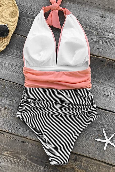Cupshe Women S Stripe Halter One Piece Swimsuit Keeping You Pink Size 16 0 Isg Ebay