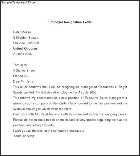 Sample Employee Resignation Letter Sample Templates Sample Templates