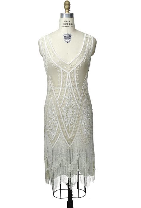 1920s Great Gatsby Art Deco Flapper Beaded Wedding Dress Ivory