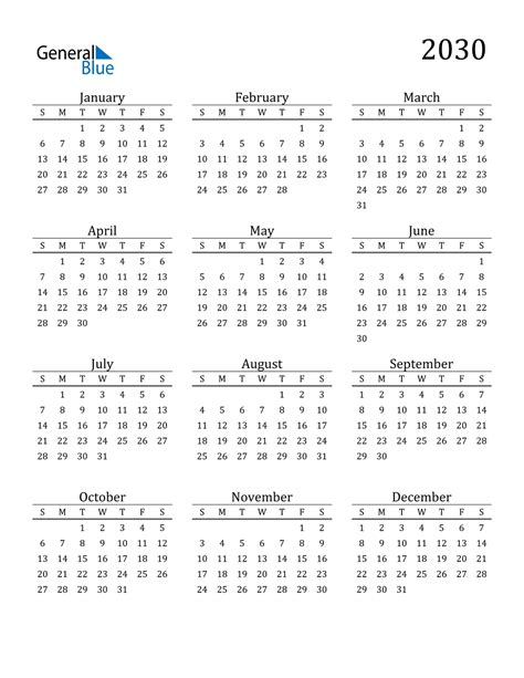 2030 Calendar Pdf Word Excel