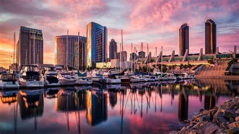 Wallpaper San Diego, harbor, Sunset, sunrise, water, reflections, city