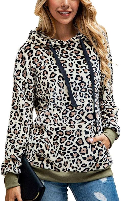 Angashion Womens Hoodies Fuzzy Faux Fleece Leopard Printed Hooded