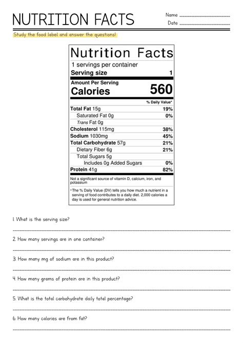 Nutrition Food Label Worksheet