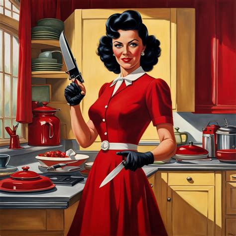 a realistic picture of a black haired 1950 s house wife wearing a red dress pointing a 1911