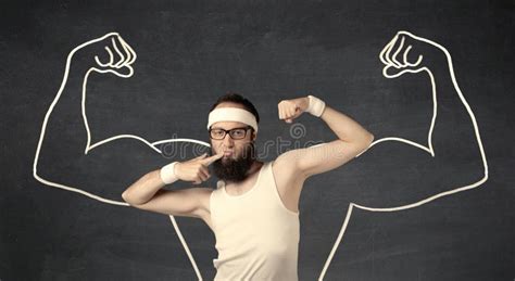 Young Weak Man With Drawn Muscles Stock Photo Image Of Imagine