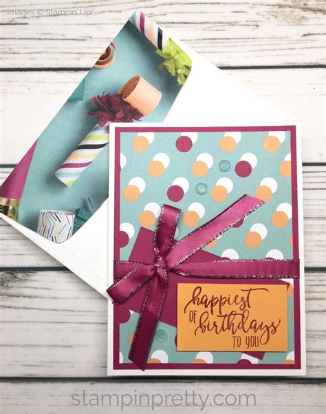 Start with a blank greeting card in a solid color and cut a piece of patterned paper slightly smaller than the front of the card. Picture Perfect Party Birthday Card | Stampin' Pretty