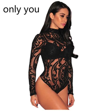 Only You Bodysuits Women Rompers Skinny Jumpsuits Autumn Sexy Pinkblack Sheer Mesh Print Button