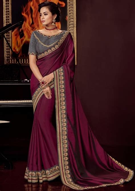 wine satin saree with embroidered blouse 10412