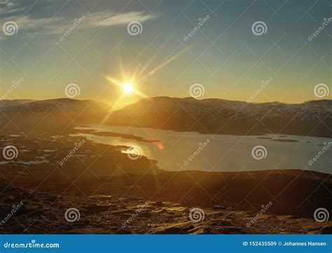 Hdr Of Midnight Sun Seen From The Peak Of Nuolja In Northern Sweden