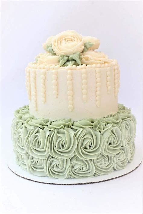 Beautiful Sage And Ivory 2 Tiered Wedding Cake With Buttercream Roses