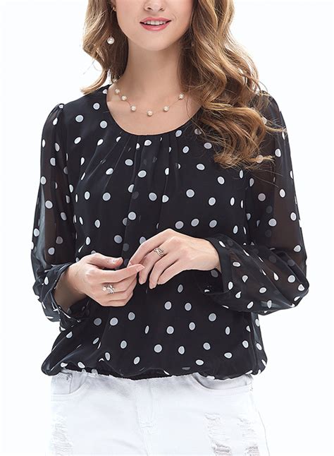 Casual Polka Dots Long Sleeve Round Neck Loose Pullover Blouse ...