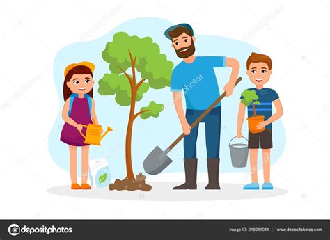 Hombre Y Niños Plantan Un árbol Y Riego Vector Ilustración