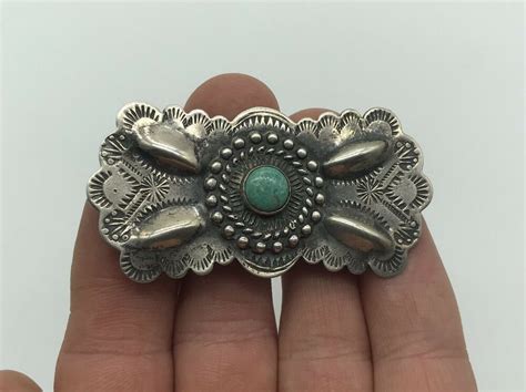 Native American Sterling Silver Turquoise Stamped Concho Brooch Pin