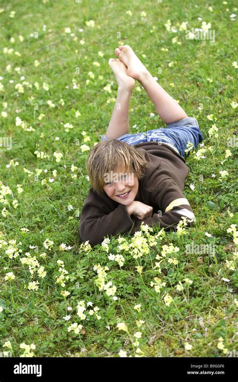 Meadow Boy Cheerfully Lying People 11 Year Child Childhood Barefoot