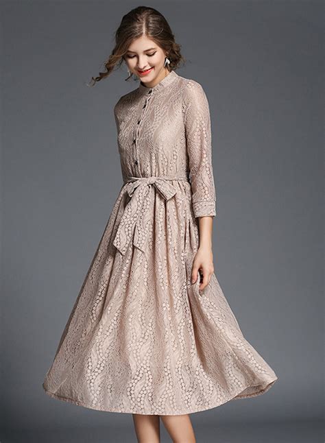 Elegant 3/4 Sleeve Lace Midi Dress with Belt - STYLESIMO.com