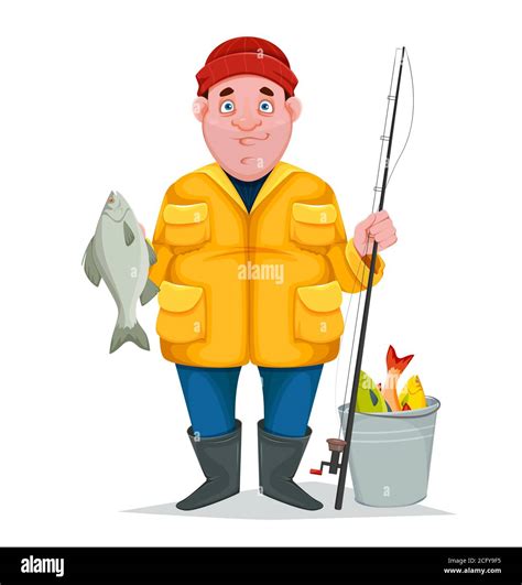 Fisherman With Caught Fish Funny Cartoon Character Vector