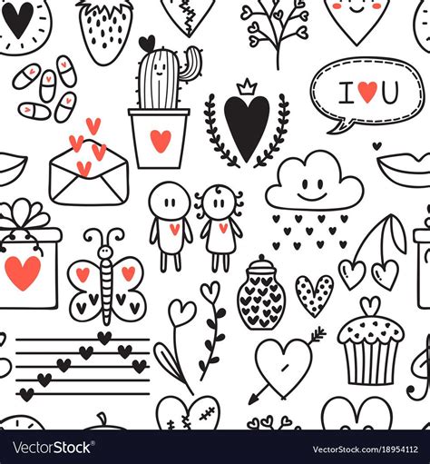 Hand Drawn Romantic Seamless Pattern Lovely Symbols Valentines Day