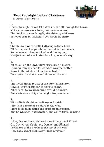 Classic Christmas Poem Comprehension Twas The Night Before Christmas